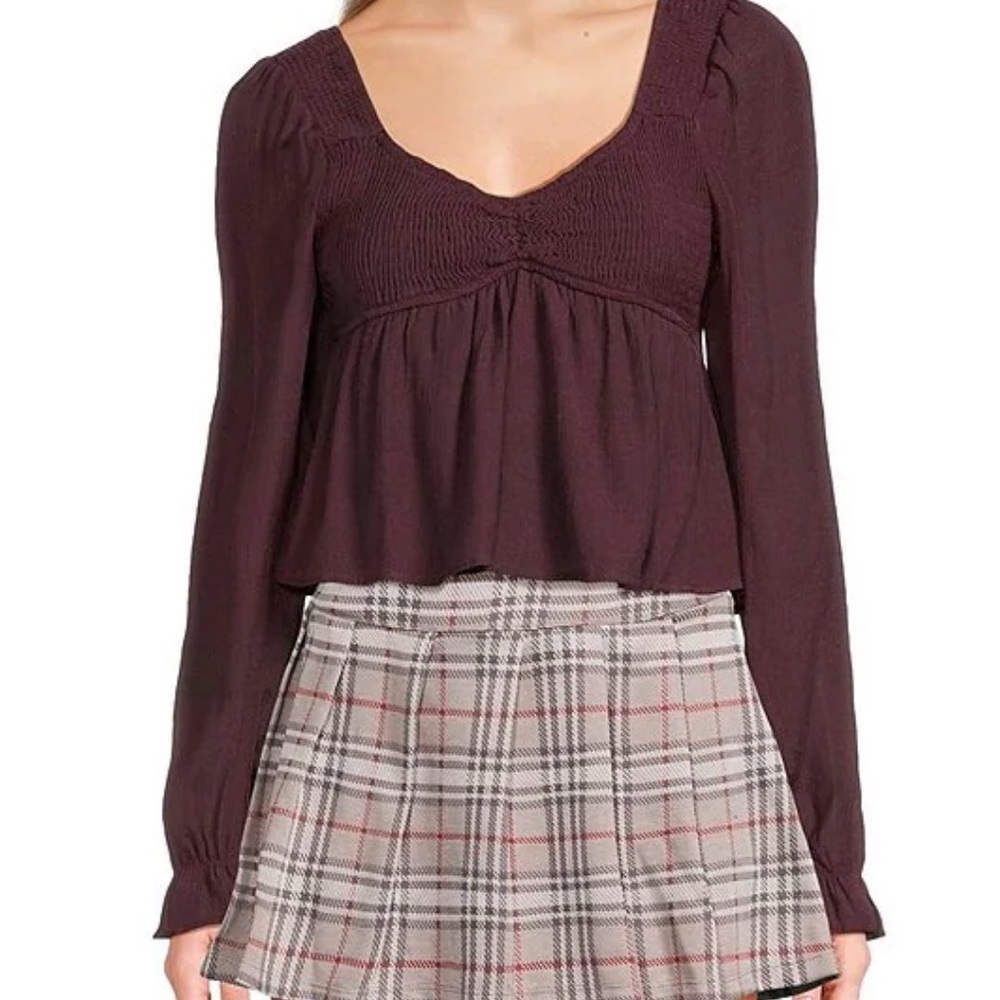 Smocked V neck long puff sleeve top